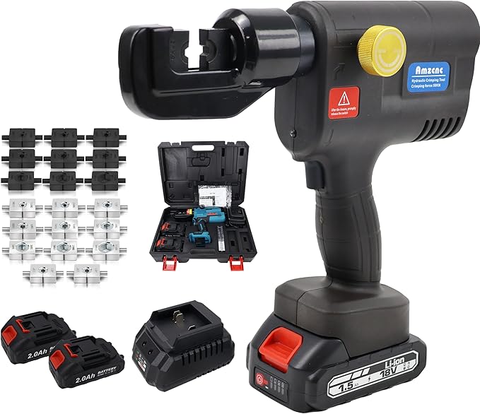 AMZCNC Electric Hydraulic Cable Lug Crimping Tool, 12 AWG to 2/0 AWG Terminal, Cable, Wire Electric Crimper Tool Kit, Battery Crimp Tool Kits with 20 Dies(12AWG~00AWG)