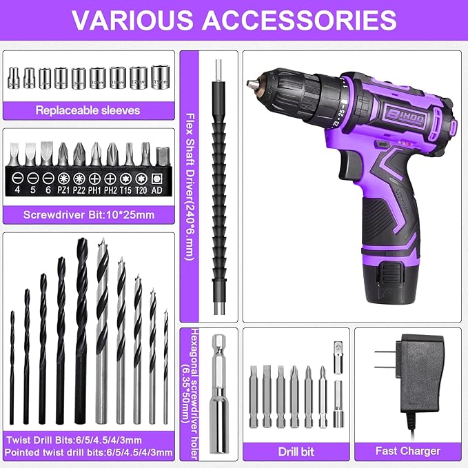 Purple 12v Cordless Drill With Battery And Charger, Electric Screwdriver Kit, 25+1 Torque, Stud Finder Ready,Front LED Light