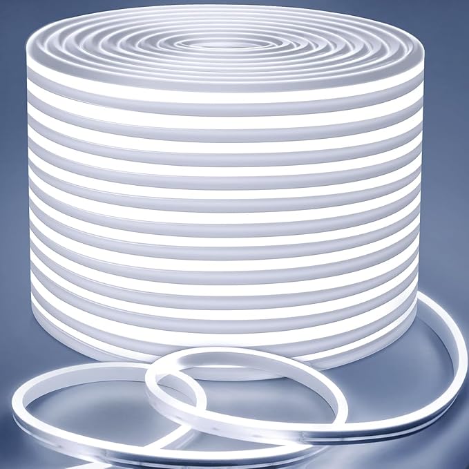Lamomo Neon LED Rope Light 32.8ft, White LED Strip Lights 1.96in/Cut, 6000K Waterproof Flexible Silicone 24V Led Strip for DIY Neon Sign Bedroom Indoor Outdoor Decor（Power Adapter Included）
