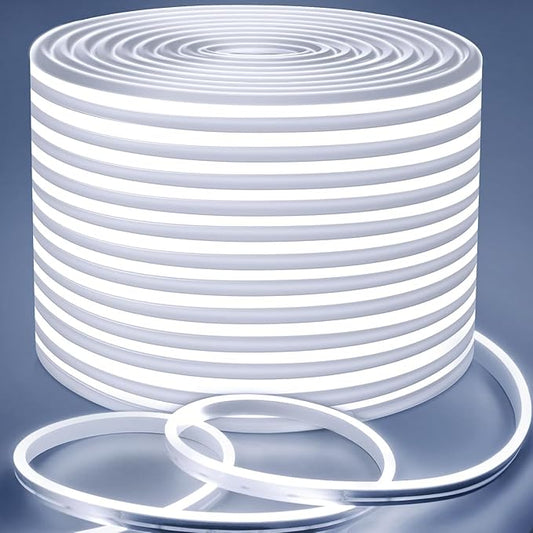 Lamomo Neon LED Rope Light 32.8ft, White LED Strip Lights 1.96in/Cut, 6000K Waterproof Flexible Silicone 24V Led Strip for DIY Neon Sign Bedroom Indoor Outdoor Decor（Power Adapter Included）