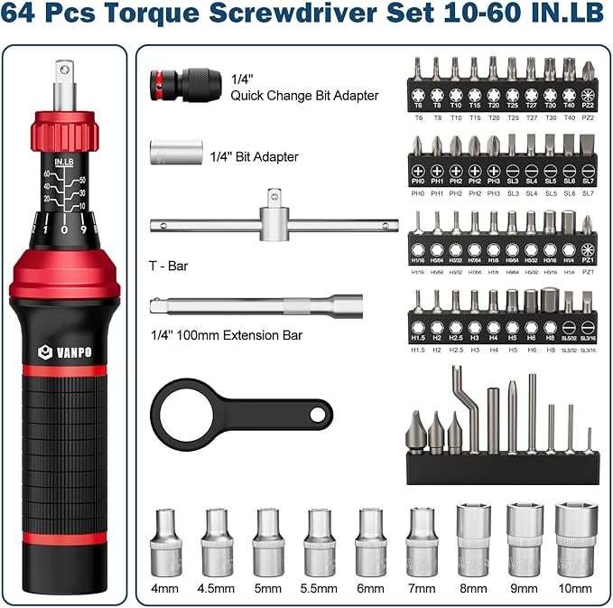Torque Screwdriver Set, 10–60 in-lb, 64 Pcs 1/4" Drive Torque Wrench Screwdriver Kit with T-Bar & Flat, Hex, Torx, and S2 Bits for Scope, Electronics Assembly & Micro Device Repair