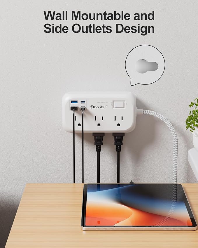 4 USB(2 USB C) Surge Protector Power Strip- 15 Ft Extension Cord with 6 Widely Outlets and Switch, Flat Plug Desk USB Charging Station with Long Braided Extension Cord Wall Mount for Home Office Dorm