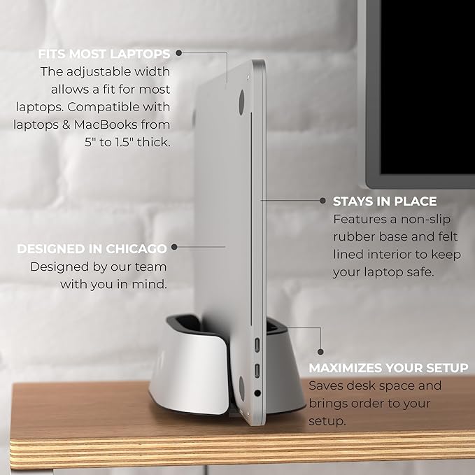 HumanCentric Vertical Laptop Stand in Silver Aluminum, Upright Adjustable Holder and Dock, Laptop Vertical Stand Fits MacBook Pro and Other Laptops .5" to 1.5", Clamshell Compatible