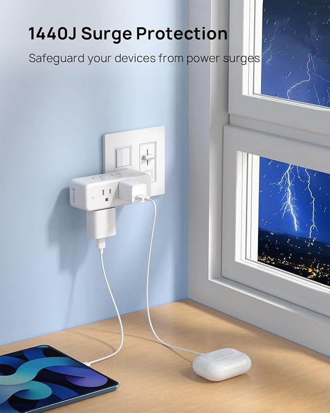 TROND Outlet Extender Surge Protector, 6 AC Outlet Splitter with 360° Rotating Plug, 1440J, 3-Sided Swivel Wall Plug Adapter with Power Switch, Multi Plug Expander for Home Office Travel