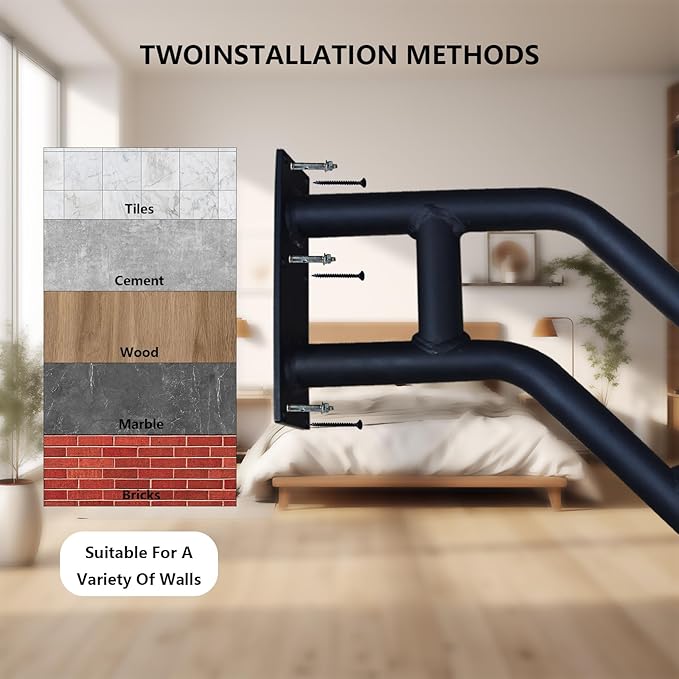 2 Pack Bent Stair Handrails for Outdoor Steps，Hand Railings for 1-3 Steps with Black Matte Finish，Wall Mounted Railings Safety Grab Bar with 2 Anti-Skid Crossbar for Garage, Porch, Garden, Yard