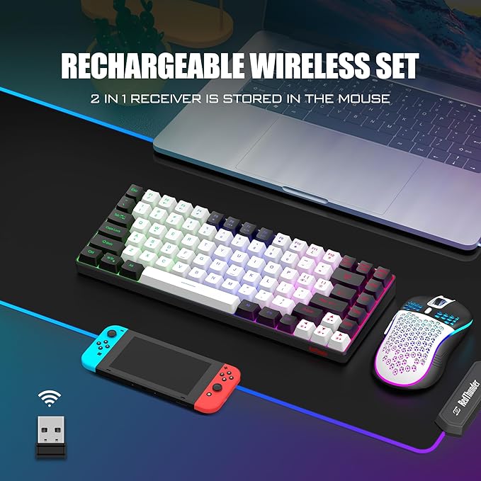 RedThunder K84 Wireless Keyboard and Mouse Combo, LED Rainbow Backlit Rechargeable Battery, 75% Layout TKL Ultra Compact Gaming Keyboard & Lightweight 3200 DPI Honeycomb Optical Mouse (White-Black)