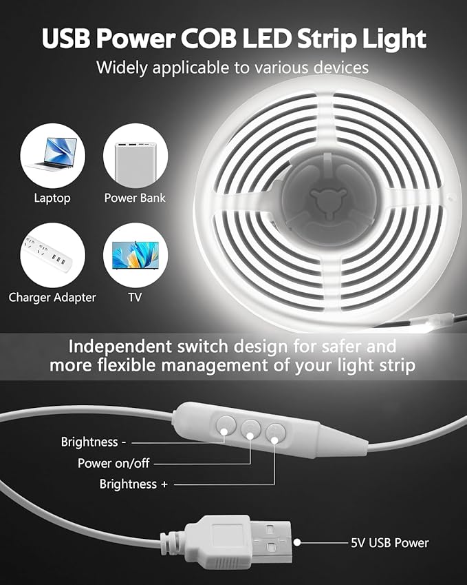 2M COB LED Rope Light Outdoor USB Powered 6.6FT 5V LED Light Strip with Dimmer Daylight White 6000K Dimmable 640LEDs/2M Waterproof IP67 Flexible LED Strip Light for Indoor Room TV Backlight