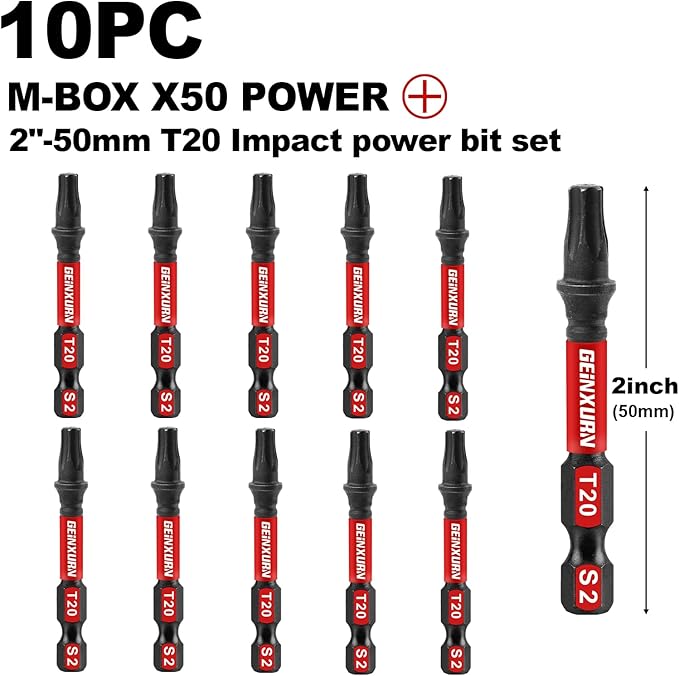 10Pieces 2 In. T20 Impact Tough Magnetic Screwdriver Bit Set, #20 Torx Head Power Bits, S2 Alloy Steel Star Bits with Storage M-Box