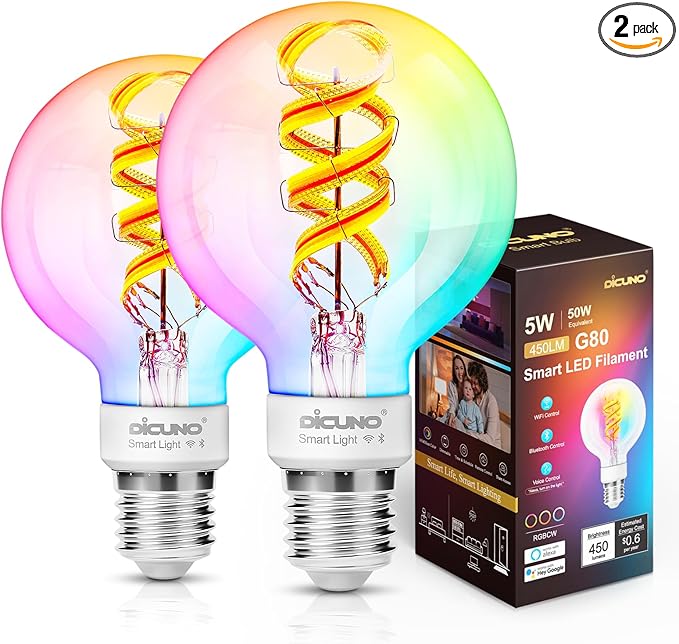 DiCUNO Smart Edison Bulb G80, Color Changing WiFi Smart Light Bulb, Vinatge Globe Filament Bulb Compatible with Alexa & Google, Dimmable with App, 50 Watt Equivalent 450LM, No Hub Required, 2 Pack