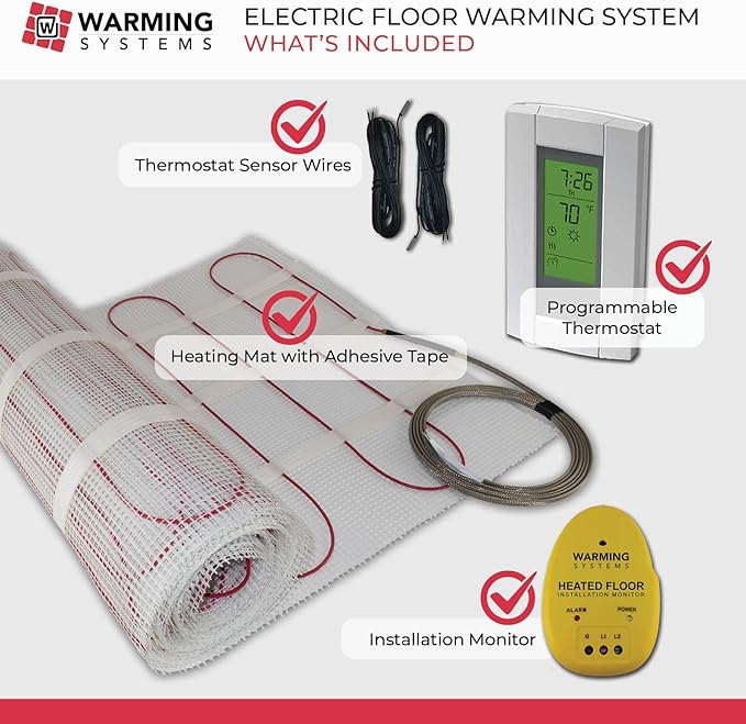 25 Sqft 120V Electric Radiant Floor Heating Mat – Includes Heating Mat, Programmable Thermostat, 2 Floor Sensors, Installation Monitor and Under Tile Heater