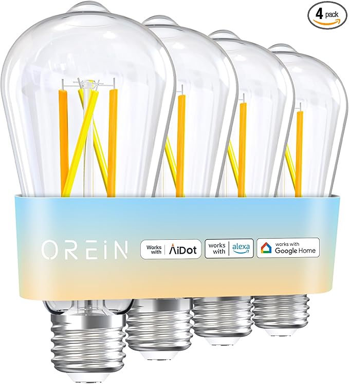 OREiN Smart Edison Light Bulbs, 2.4 Ghz Wi-Fi ST19(58) Vintage Light Bulbs E26, 800LM Dimmable via app, 2700-6500K Tunable, Smart LED Filament Bulb Works with Alexa/Google Home, 60W Equivalent 4Pack