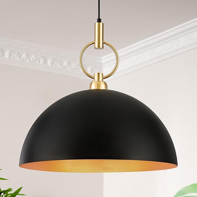 19.6" Black and Gold Pendant Lights for Kitchen Island Large Dome Pendant Light Fixture Industrial Hanging Lamp for Dining Room Hallway Entry Bedroom Bar