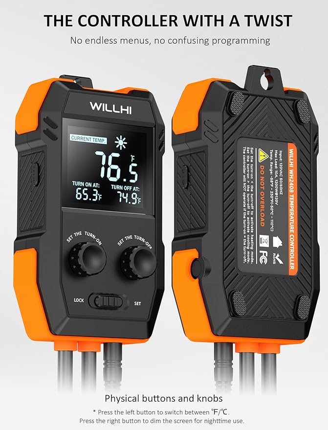 WH2408 Temperature Controller 10A 1200W, Digital Thermostat Controlled Outlet Plug Switch for Reptile Terrarium Greenhouse Homebrew Aquarium Seedling Mat, Heating or Cooling Mode (Pack of 2)