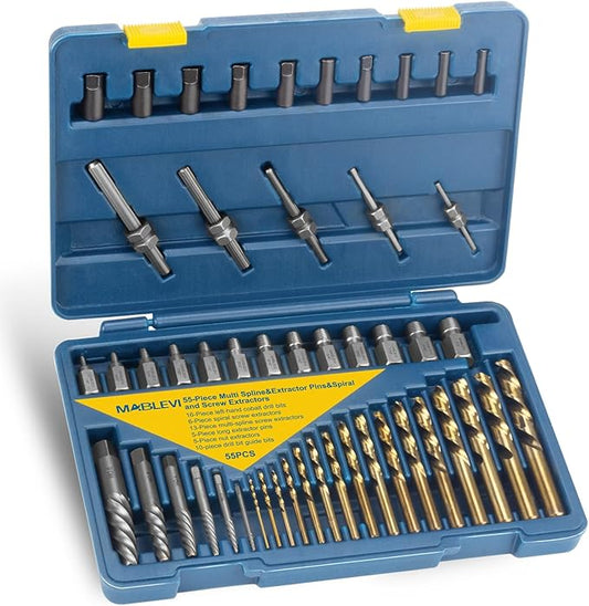 MABLEVI 55-Piece Screw Extractor Set, Broken Bolt extractors & Multi-Spline Extractors, and Drill Bits for Removing Stripped Screws, Studs, Fittings, Lugs Extraction