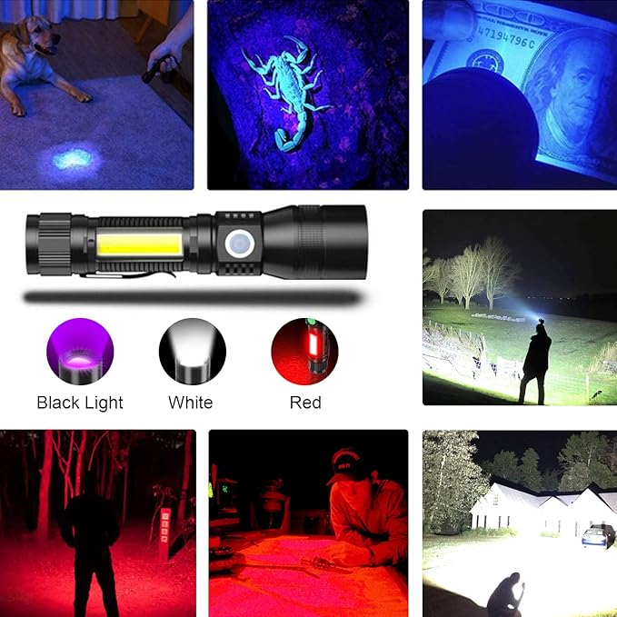 UV Flashlight Blacklight, USB Rechargeable Flashlights Magnetic Flashlight with ‎SideLight, Black Light, COB Work Light, Zoomable, Waterproof Worklight, Pet Urine,1 Pack