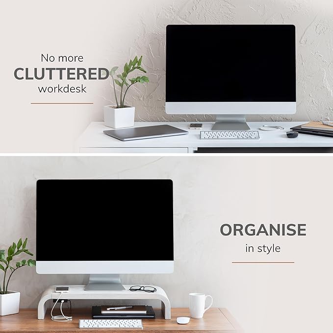 Anji Mountain Wood Monitor Stand Riser Desk Desktop Organizer Table for Home, Office Workspace, Laptop Riser, Ergonomic Design Stand for Gaming Setup, with Power Source, White Wash