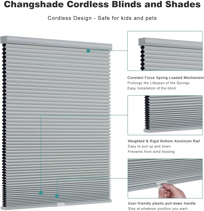 Changshade Cordless Cellular Shades, Blackout Honeycomb Shades for Windows, Pull Down Pleated Blinds, Easy to Install for Indoor Windows and French Doors,42" W x 72" H, Grey