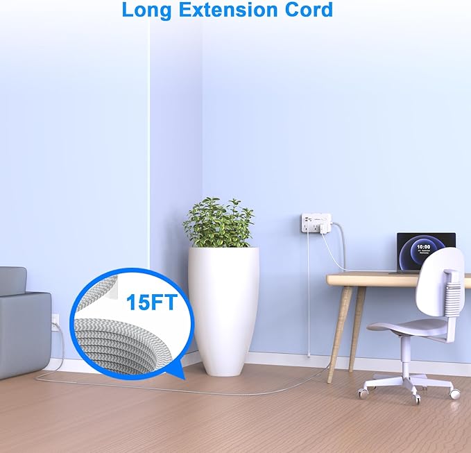 Surge Protector Power Strip 15 Ft Cord, Ultra Thin Flat Extension Cord with 6 Outlets 4 USB Ports(2 USB C), Flat Plug Power Strip, Braided Power Cord for College Dorm Room Essentials