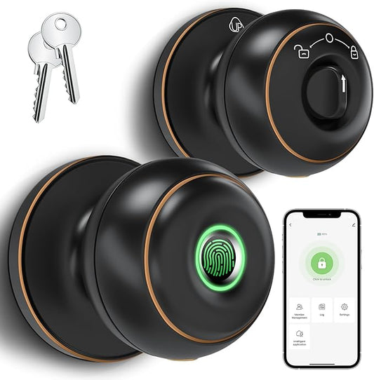 GeekTale Fingerprint Door Lock for Bedrooms, Fingerprint Door Knob with Lock, Smart Door Lock, App Control, Back-up Keys, Thumbprint Door Knob for Bedrooms, Office, Apartment