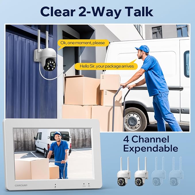 Camcamp Wireless Security Camera System with 7" Monitor, 3MP PTZ Outdoor Security Cameras, Plug-in-Play, 4CH NVR 32GB, No Monthly Fee, 24/7 Record, Color Night Vision, 2-Way Talk for Outside Indoor