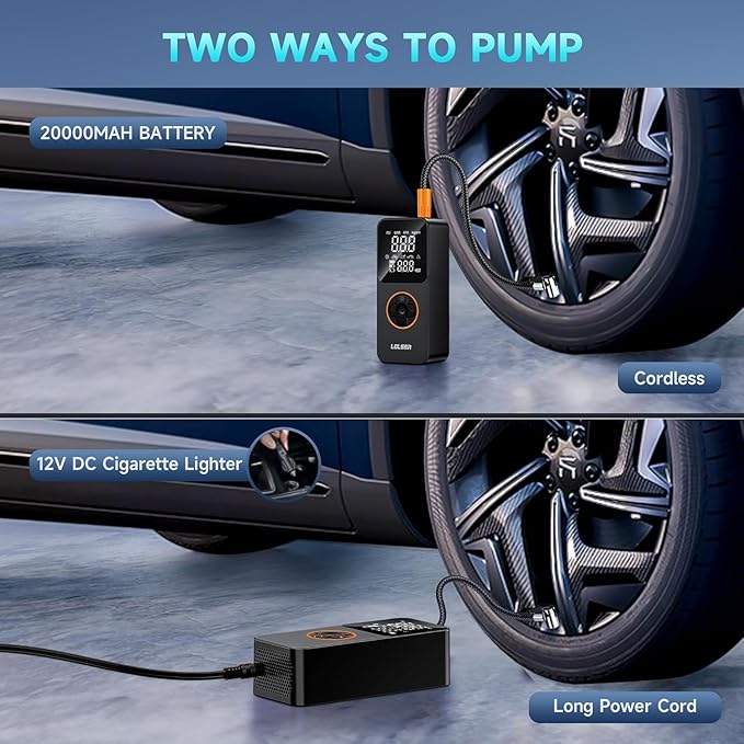 Tire Inflator Portable Air Compressor-Air Pump 20000mAh & 150PSI Cordless Electric for Car, Motorcycle, Bike, Ball, with Tire Gauge Pressure, Dual-Use Type