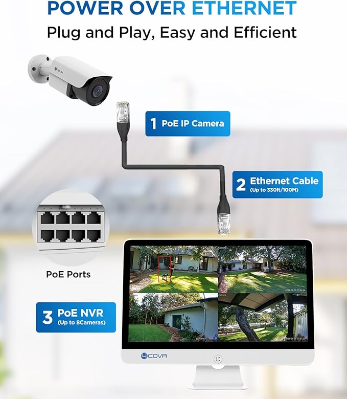 4COVR PoE Security Camera System with Monitor, AI Human/Vehicle Detection, 8CH 8MP NVR with Monitor Pre-Installed 2TB HDD, 6Pcs 5MP Wired Bullet IP Camera IP67 Night Vision, LY37EX5MU806