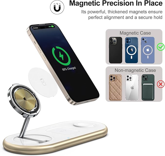 Magnetic Charging Station, 3 in 1 Faster Mag-Safe Wireless Charger Stand, Wireless Charging Pad for Apple Devices, iPhone 16/15/14/13/12 Series, iWatch Series, AirPods (Golden)