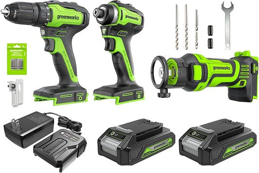 Greenworks 24V Brushless 3 pcs Cordless Power Tool Combo Kit, include 310 in-lbs Drill Driver, 1950 in-lbs Impact Driver, Rotary Cut-out Tool, 2 x 2Ah Batteries and Charger