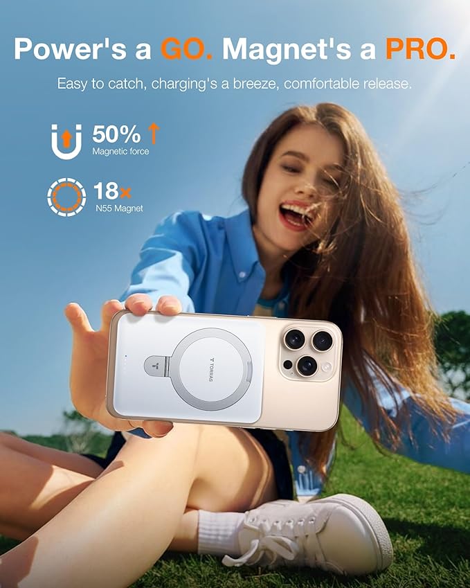 TORRAS 0.45" Slim Magnetic Portable Charger Power Bank for iPhone 5000 mAh 22.5W PD Fast Charging Wireless Battery Pack O Stand Compatible with Magsafe, i Phone 16 Pro Max, Pro,15,14,13,12, White