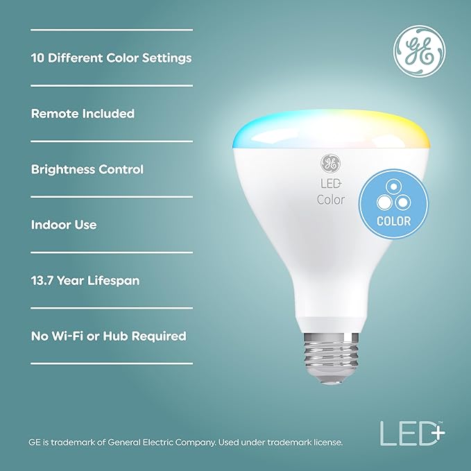 GE LED+ Color Changing LED Light Bulbs with Remote, BR30 Indoor Multicolor Floodlights, College Dorm Light, Dorm Room Essentials, 8.5W (3 Pack)