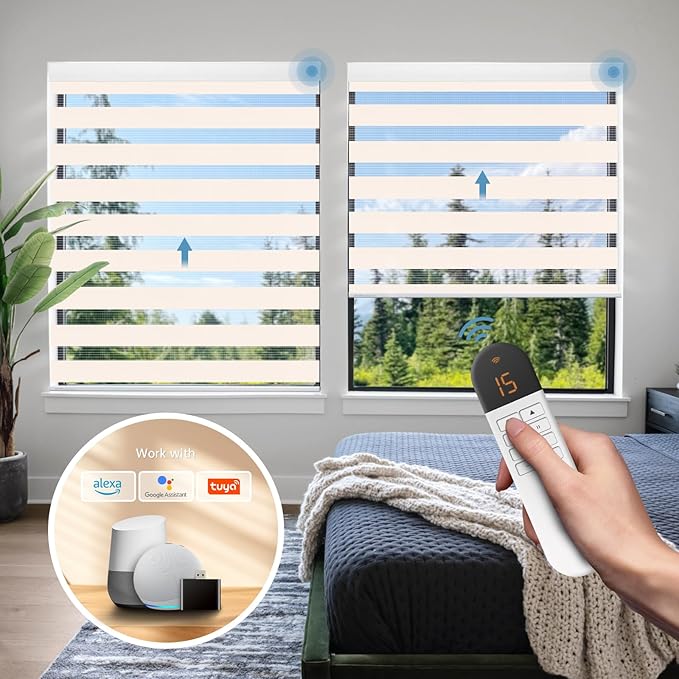 DENFOON Motorized Zebra Blinds, Solar Powered Dual Layer Automatic Shades with Remote Control, Rechargeable Smart Blinds Horizontal Wireless Electric Shades for Windows, Custom Size, White