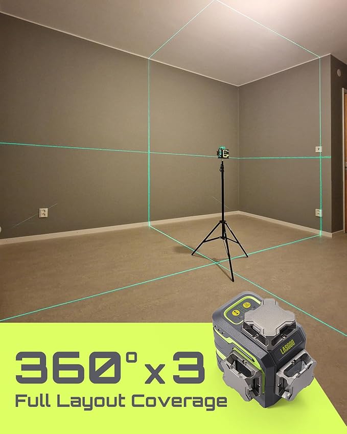 LG-3DM Green Beam Laser Level, Self-Leveling 3x360° Cross Line Laser for Construction and Picture Hanging, 5200mAh Built-in Rechargeable Battery, Type-C Cable, Magnetic Rotating Stand Included