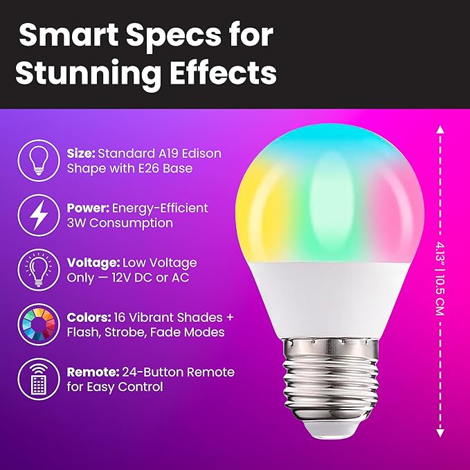 Low Voltage AC DC 12V Color Changing LED Light Bulb, 16 Colors, 3W, Remote Control, E26 Base for Content Creation, Landscape Accent Lighting and Photography 12 Volt