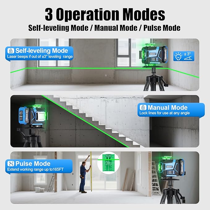 Laser Level with Tripod, AZZUNO 4x360 Laser Level 360 Self Leveling for Picture Hanging, Rotating Laser Covers Green Line Laser with 2x4800mAh Li-ion Battery, Ideal for Outdoor, Construction, Tile