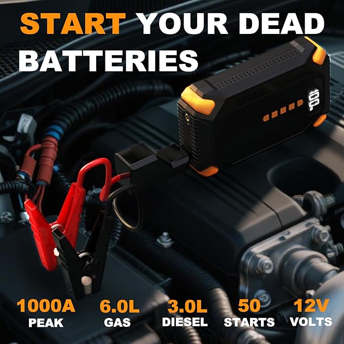 Jump Starter with Air Compressor,Battery Jumper Starter Portable, 150PSI Tire Inflator, 12V Jump Box, LED Flashlight, LCD Display for 9L Gas & 8L Diesel Engines, Car, SUV, Truck