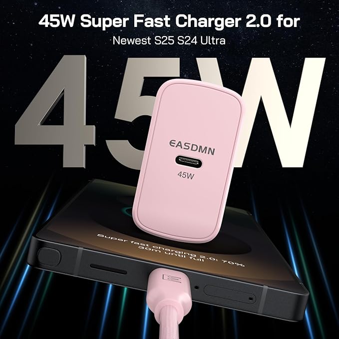 45W Super Fast Charger Type C, [2 Pack] 45 Watt USB-C Charger PD/PPS Wall Charging Block for Samsung Galaxy S25 Ultra/S24/S23 Ultra/S23+/S22 Ultra/S22+/S20 Ultra, Tab S8(Pink, with 2X 6.6ft Cable)