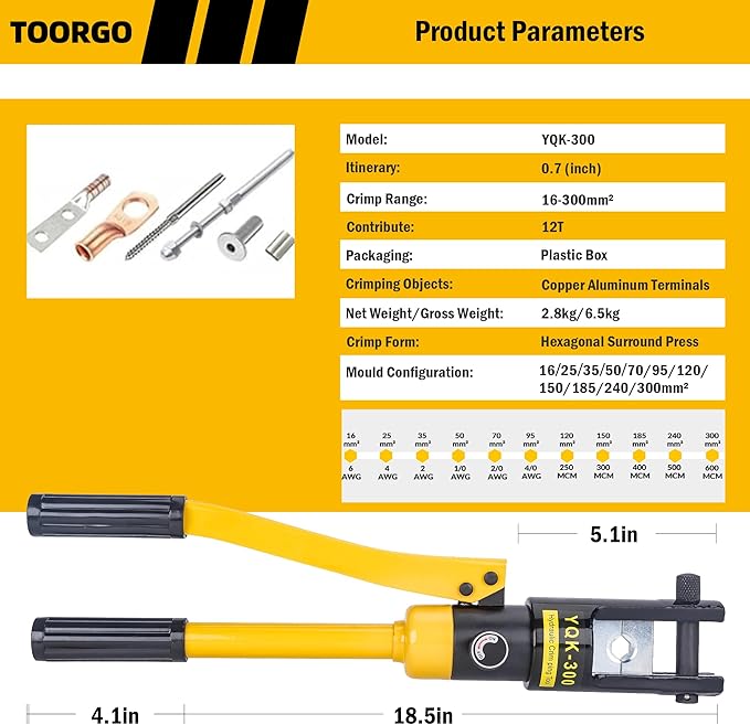Cable Lug Crimping Tool, 6 AWG to 600 MCM Hydraulic Plier, 16 Ton Hand Crimping Tool for Wires, Terminal, Lug, Crimping Tool Kit with 11 Dies