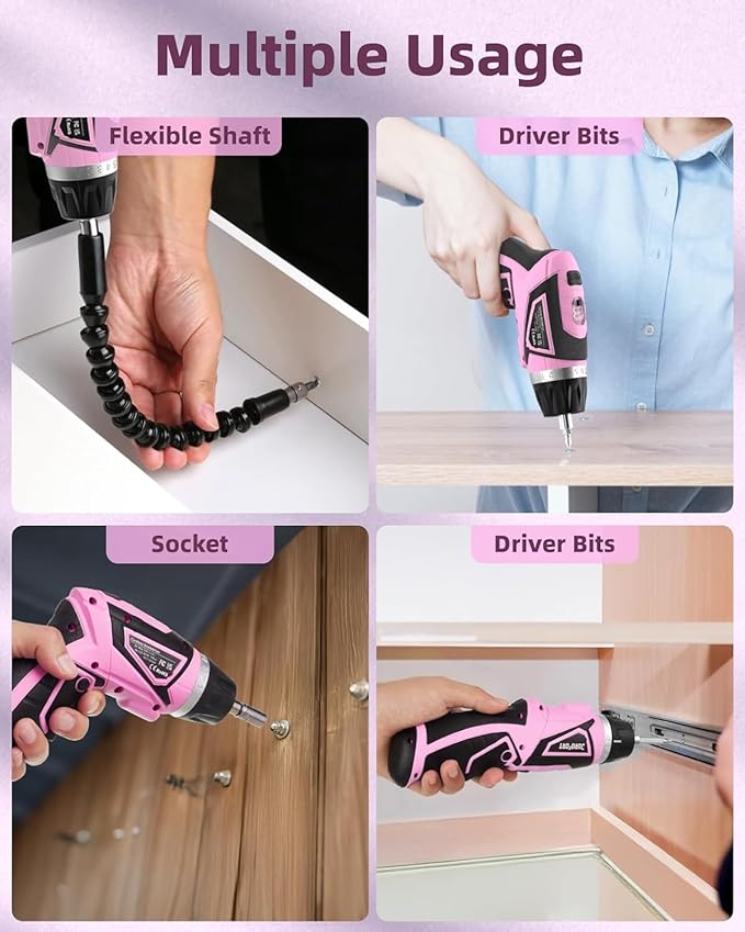 Cordless Electric Screwdriver Set, 8V 10Nm Rechargeable Power Electric Drill, Battery Screw Gun with Driver Bit, 320RPM/10+1 Torque, 2 Position Handle, Flexible Shaft LED Light (Pink, 39Pcs)