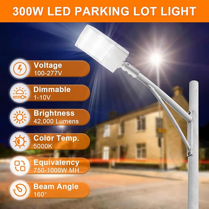 300W White LED Parking Lot Light, 42000LM LED Shoebox Area Light [1000W MH/HPS Equiv.], 5000K Dimmable Outdoor Street Lighting Fixture with Surge Protection Built-in, IP65 AC100-277V UL&DLC Listed