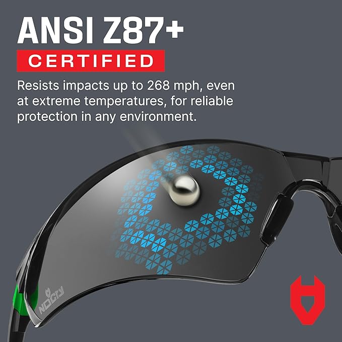 NoCry Safety Sunglasses with Green Tinted Wraparound Lenses — ANSI Z87.1 Tinted Safety Glasses for Men and Women with Adjustable Arms and No-Slip Grips — Work Glasses with 100% UV Protection