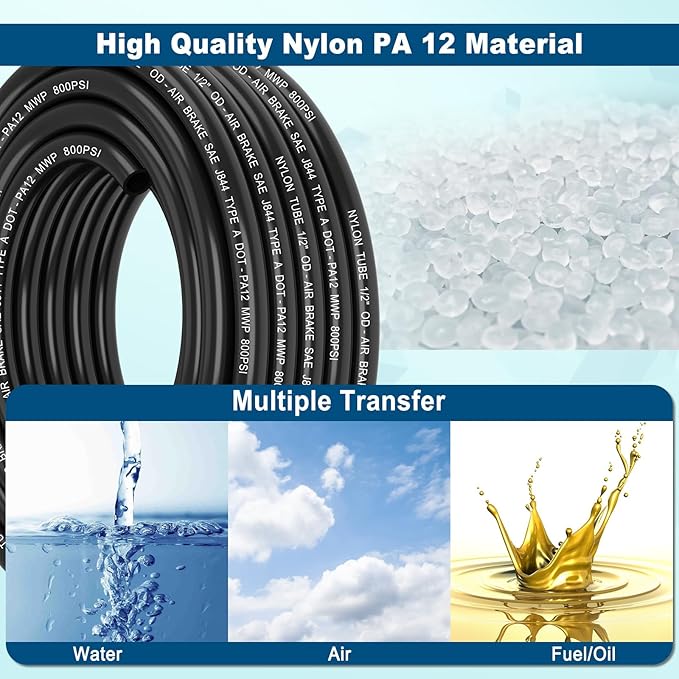 100FT 1/2 DOT Air Line SAE J844 PA12 Nylon Air Hose with Cutter 1/2” OD Pneumatic Tubing DOT Approved 1/2 Air Brake Hose for Air Suspension Kit Truck Trailer Brake System & Fluid Transfer 30.5m