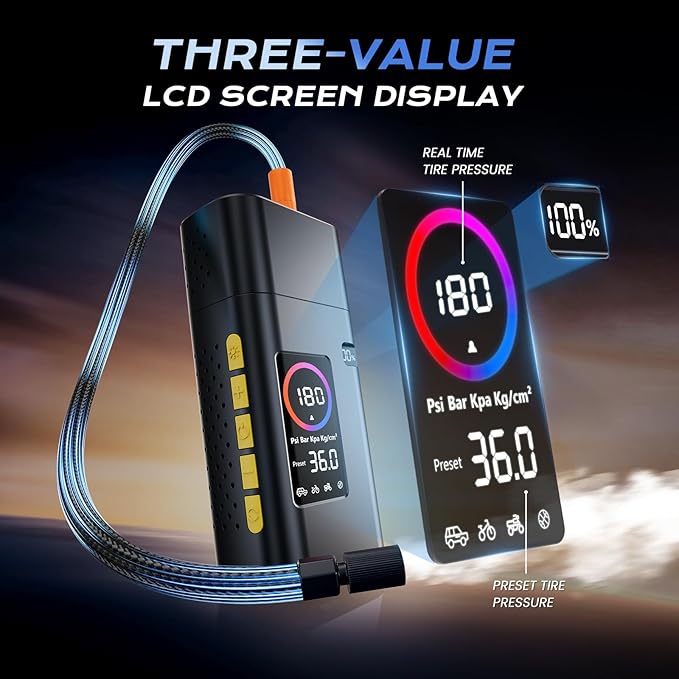 180PSI Tire Inflator Portable Air Compressor, 26000mAh Portable Tire Inflator for Car,5X Fast Electric Bike Air Pump with Digital LCD Pressure Gauge/LED Light/Power Bank, Bike, Motorcycle, Ball