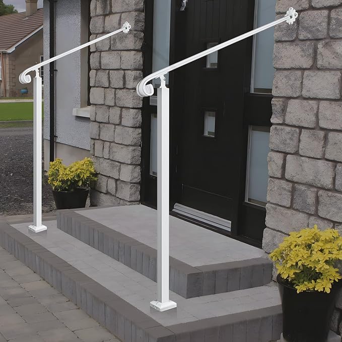 Adjustable Handrail 1-2 Step, Wall&Floor Mounted Wrought Iron Handrails, Handrails for Outdoor Steps, Stair Rail with Installation Kit Hand Rail, White