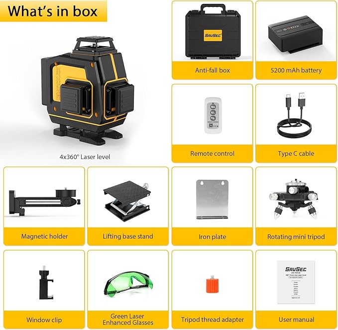 Laser Level 360 Self Leveling, SAVSEC Rechargeable (Up to 37H) 4D Lazer Leveler Tool Kit, 16 Lines Green Leveler Tool Rechargeable/Stepless Dimming/Remote Control/Switchable for Home & Outdoor