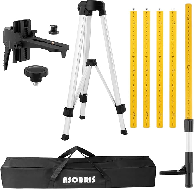 Laser Level Pole with Tripod, Professional 12 Ft./3.7M Telescoping Pole Laser Stand Tall Mount for Rotary Line Lasers, Aluminum Material with 1/4" & 5/8" Threaded Mount Adapter, with Bag