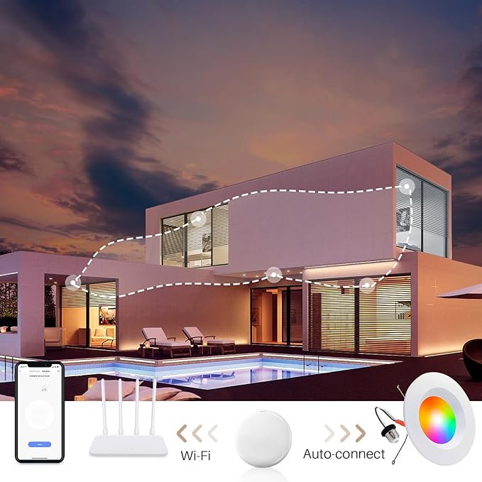 Peteme E26 Retrofit LED Recessed Lighting 6 Inch, IC Rated ETL Certified Smart Can Light Baffle Trim Style, RGBCW Dimmable Color Changing Soffit Downlight Compatible with Alexa/Google, 1100LM, 6 Pack