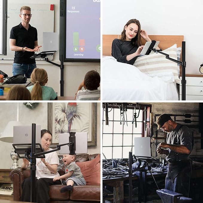 Triple arm Height Adjustable Stand Mount with Rolling Wheel for Laptop(11-17 inch) and Compatible with ipad iPad pro 12.9 inch/Tablet/Ereader (Black)