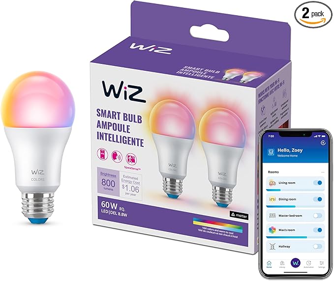 WiZ LED Smart Light Bulbs, Sunset to Sunrise Automation + Motion Detection + Control with Voice or App, Full Color A19 60W 800LM E26 Indoor, Matter Compatible - 2 Pack