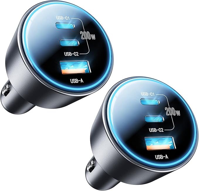 USB C Car Charger, 2Pack 3-Port 200W Dual USB-C & USB-A Phone Car Charger Adapter PD/QC Fast Charging Cigarette Lighter for Phone 16 15 14 13 12 Pro Max, Laptop MacBook Samsung Galaxy S24