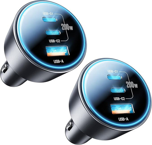 USB C Car Charger, 2Pack 3-Port 200W Dual USB-C & USB-A Phone Car Charger Adapter PD/QC Fast Charging Cigarette Lighter for Phone 16 15 14 13 12 Pro Max, Laptop MacBook Samsung Galaxy S24